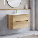 Modern Splash 800mm Autumn Oak 2 Drawer Wall Hung Vanity Unit With Minimalist Basin
