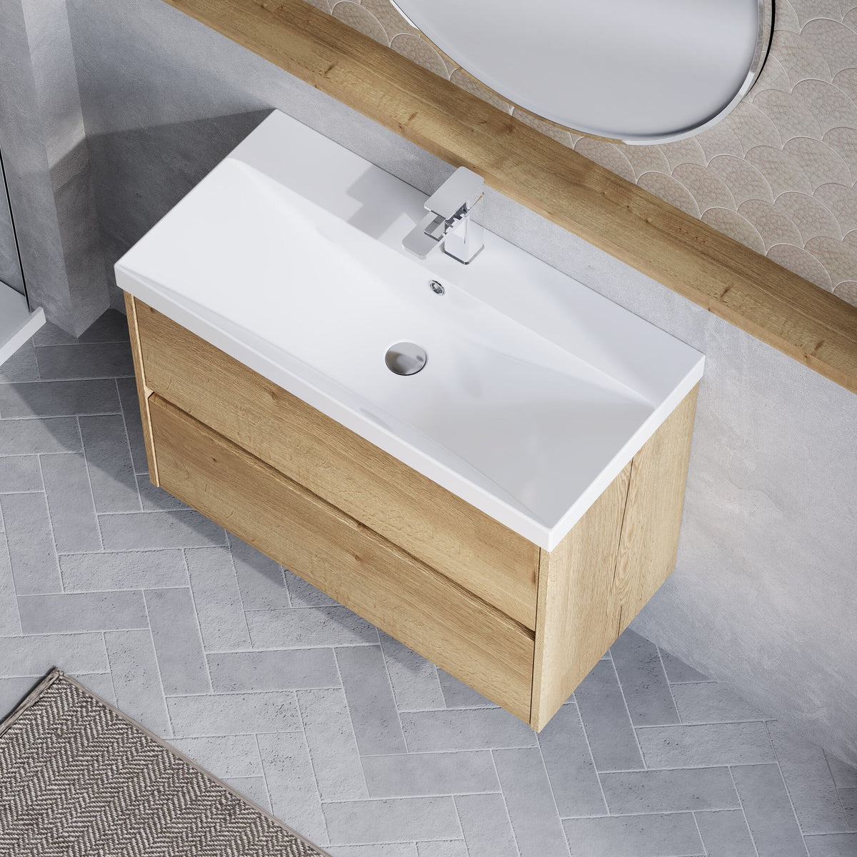 Modern Splash 800mm Autumn Oak 2 Drawer Wall Hung Vanity Unit With Thin Edge Basin