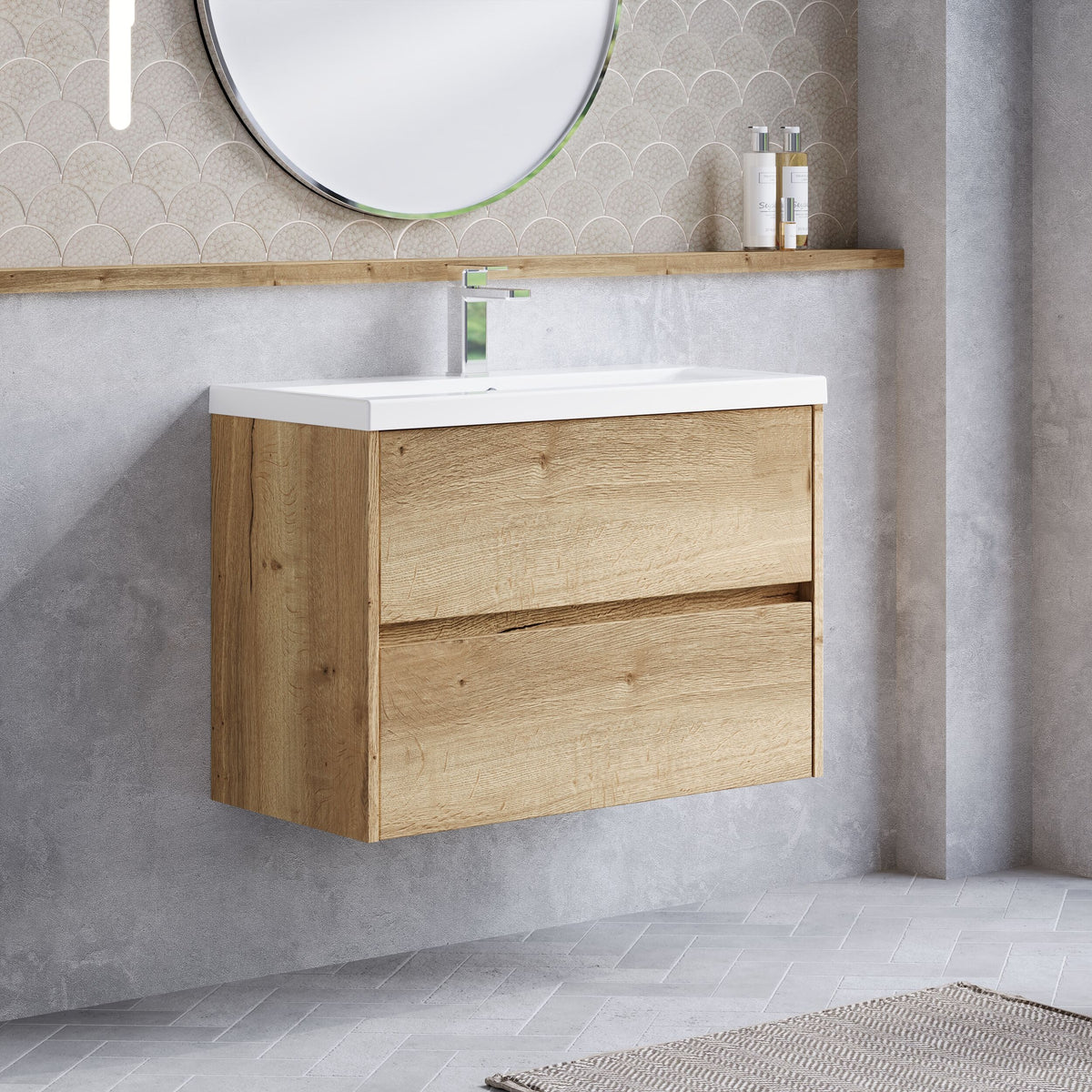 Modern Splash 800mm Autumn Oak 2 Drawer Wall Hung Vanity Unit With Thin Edge Basin