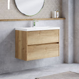 Modern Splash 800mm Autumn Oak 2 Drawer Wall Hung Vanity Unit With Thin Edge Basin