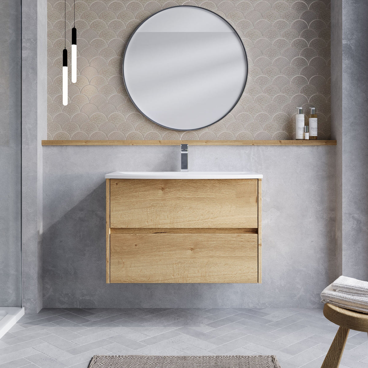 Modern Splash 800mm Autumn Oak 2 Drawer Wall Hung Vanity Unit With U-Shaped Curved Basin