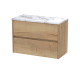 Modern Splash 800mm Autumn Oak 2 Drawer Wall Hung Vanity Unit With Carrara Laminate Worktop
