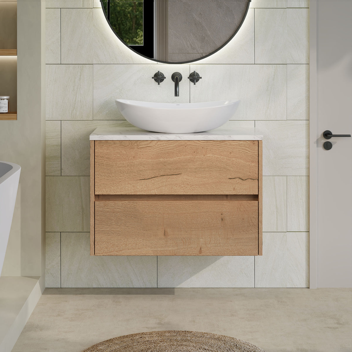 Modern Splash 800mm Autumn Oak 2 Drawer Wall Hung Vanity Unit With Carrara Laminate Worktop