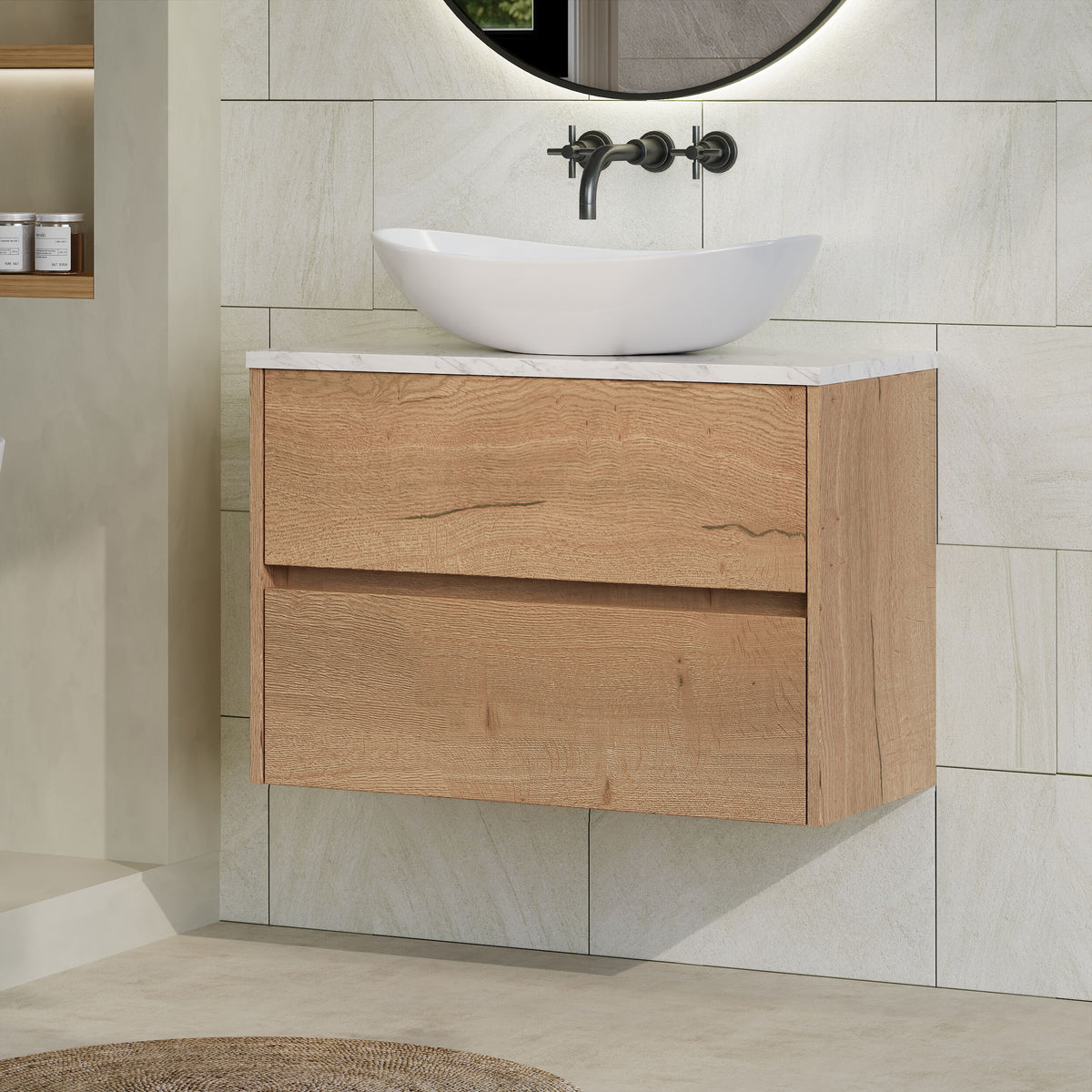 Modern Splash 800mm Autumn Oak 2 Drawer Wall Hung Vanity Unit With Carrara Laminate Worktop