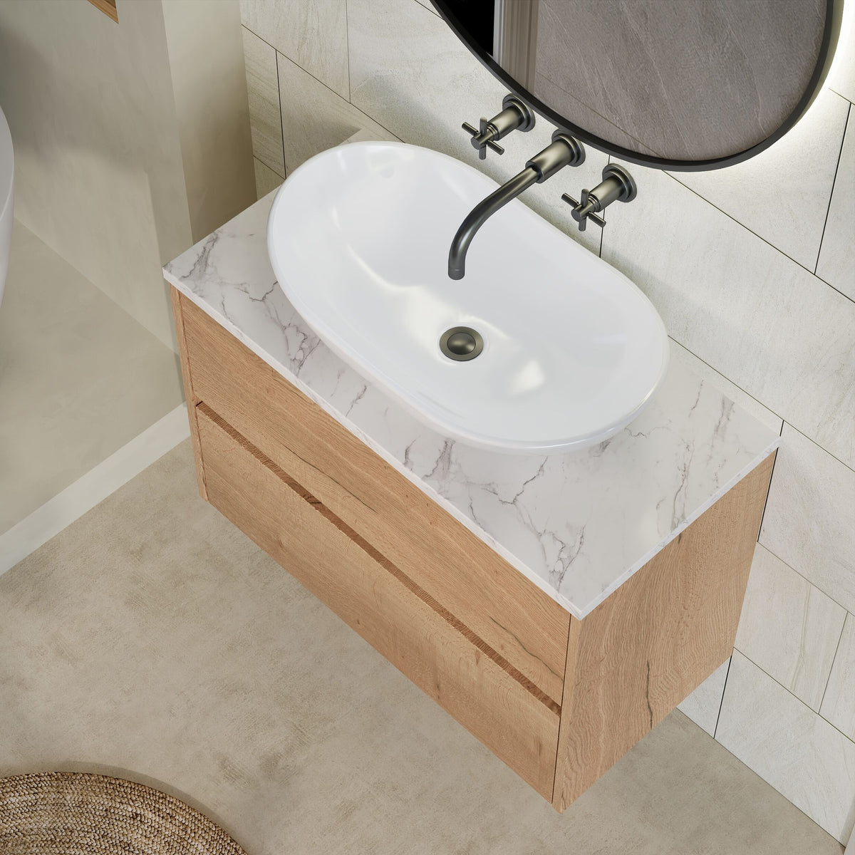 Modern Splash 800mm Autumn Oak 2 Drawer Wall Hung Vanity Unit With Carrara Laminate Worktop