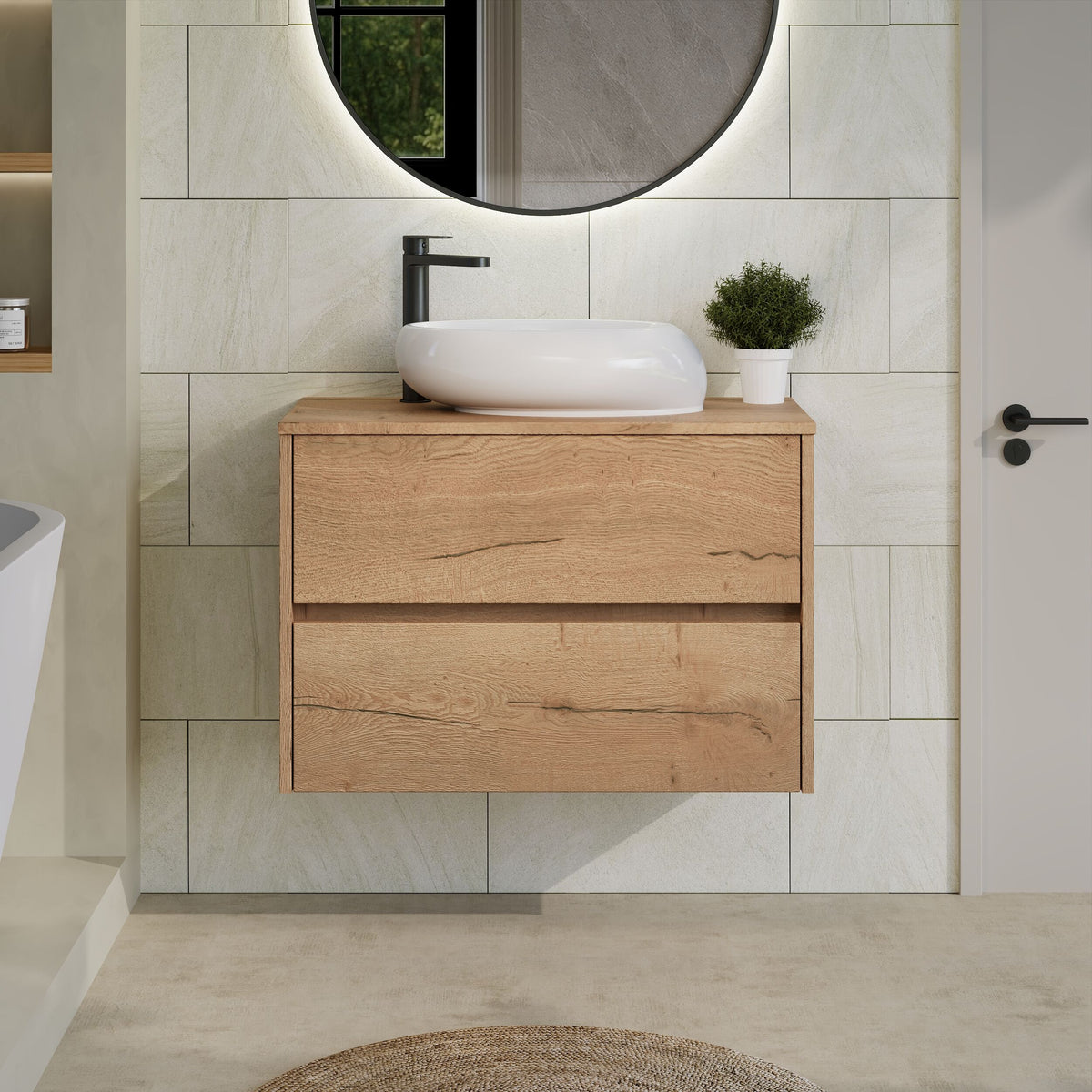 Modern Splash 800mm Autumn Oak 2 Drawer Wall Hung Vanity Unit With Co-ordinating Worktop