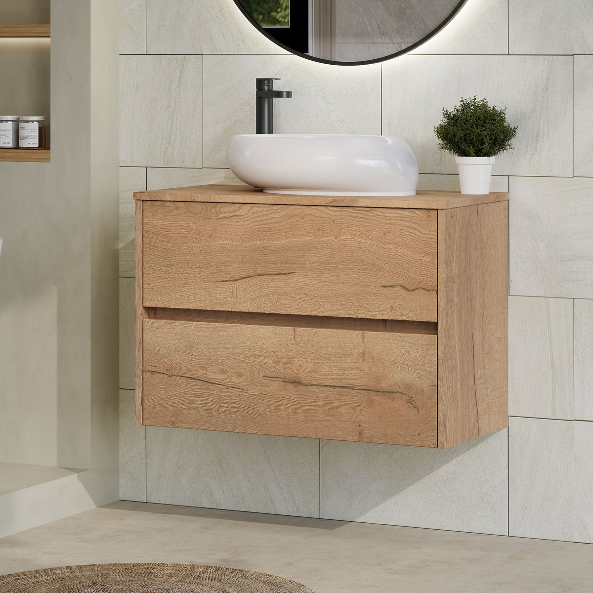Modern Splash 800mm Autumn Oak 2 Drawer Wall Hung Vanity Unit With Co-ordinating Worktop