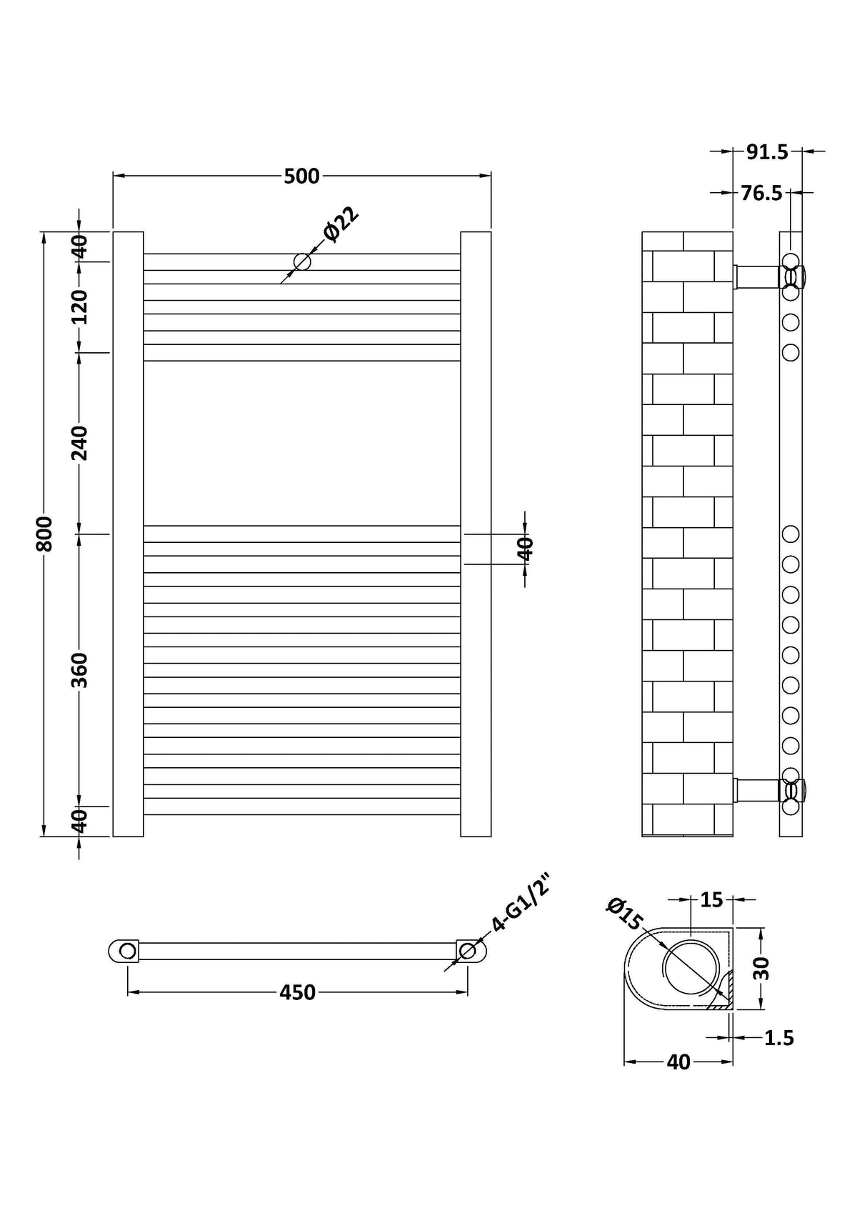 Modern Splash choice Anthracite 800mm x 500mm 12 Rail Vertical Ladder Rail