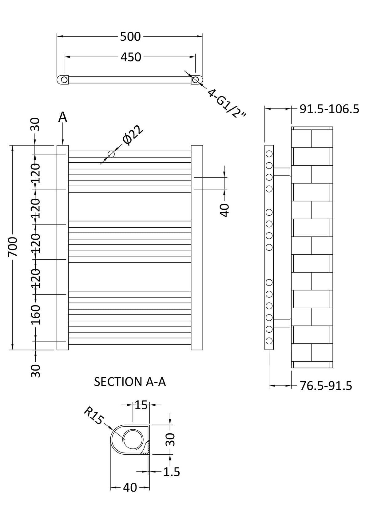 Modern Splash 700mm x 500mm Chrome Vertical Ladder Rail