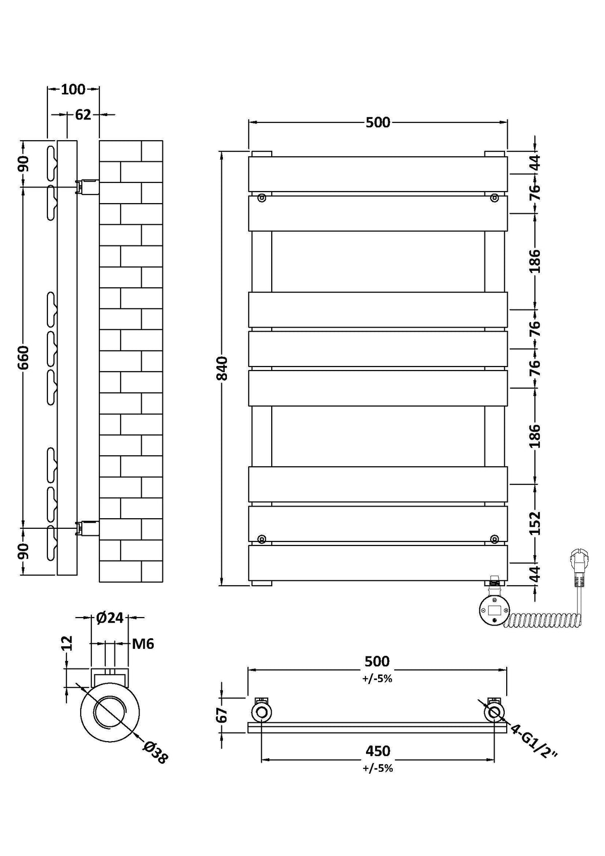 Anthracite 840mm x 500mm Vertical Electric Heated Towel Rail