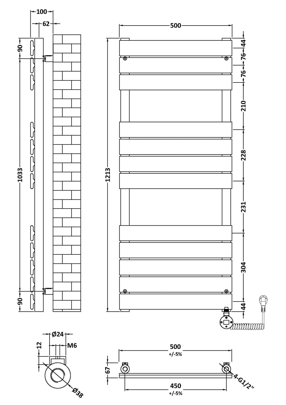 Chrome 1213mm x 500mm Vertical Electric Heated Towel Rail