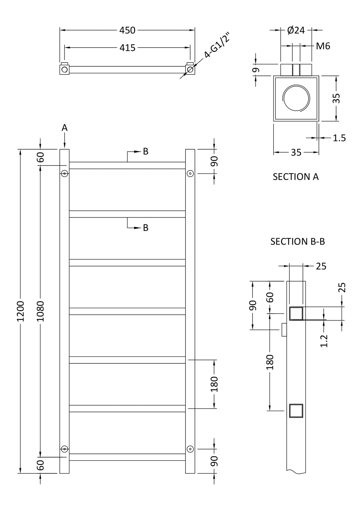 Eton Chrome 1200mm x 450mm Horizontal Heated Towel Rail