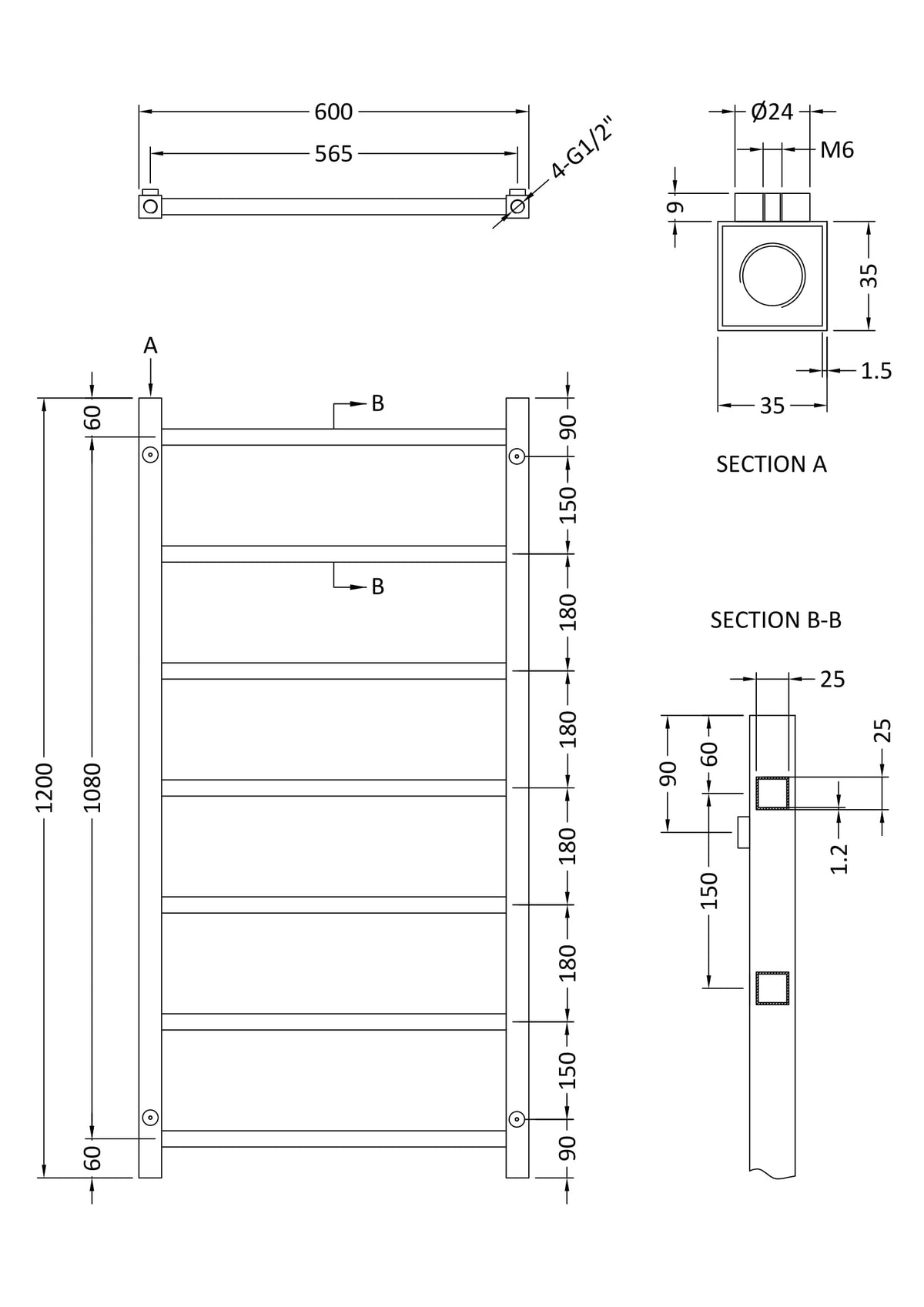 Eton Chrome 1200mm x 600mm Horizontal Heated Towel Rail
