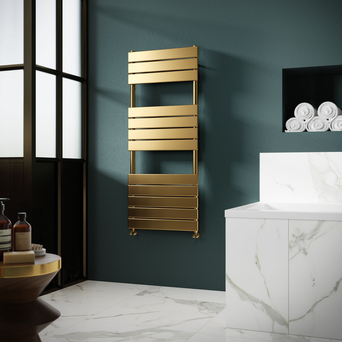 Piazza Brushed Brass 1213mm x 500mm Horizontal Heated Towel Rail