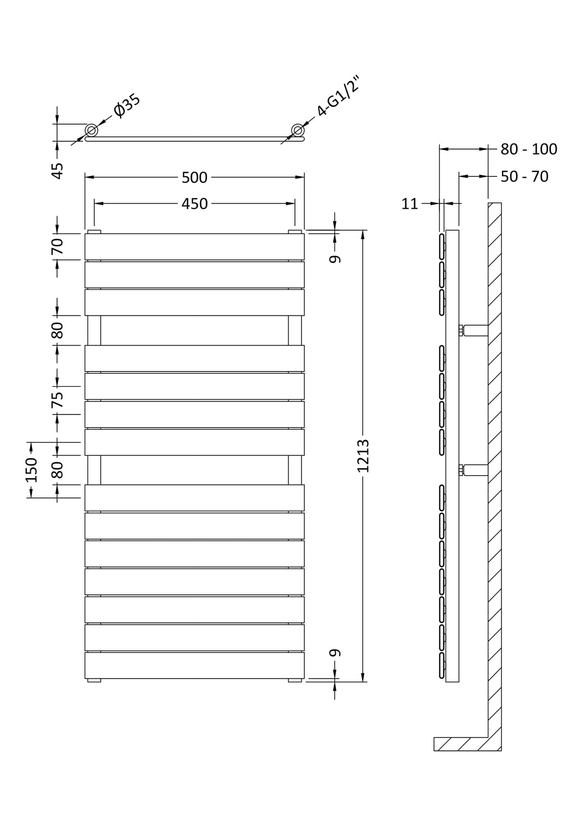 Piazza Anthracite 1213mm x 500mm Horizontal Heated Towel Rail