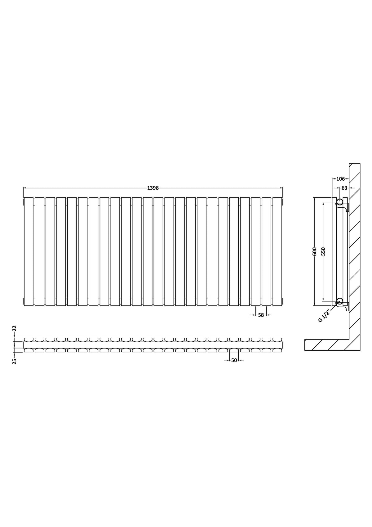 Sloane Anthracite 1398mm x 600mm Horizontal Double Panel Radiator
