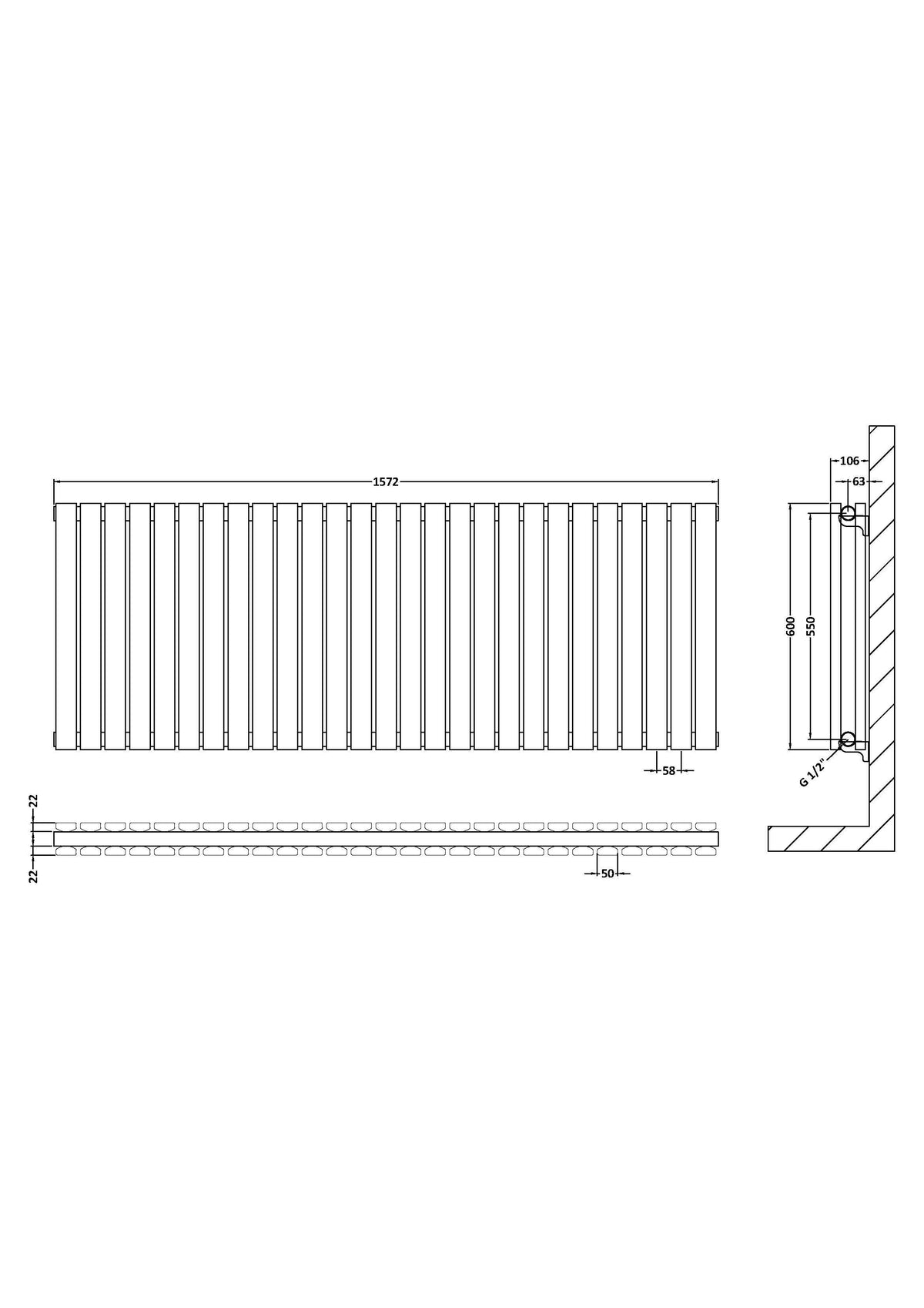Sloane Anthracite 1572mm x 600mm Horizontal Double Panel Radiator