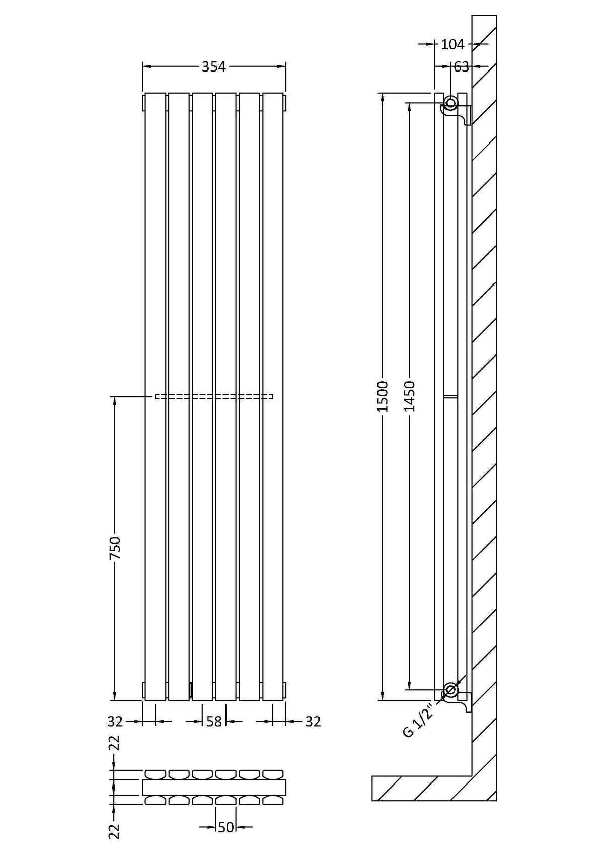 Sloane Anthracite 1500mm x 354mm Vertical Double Panel Radiator