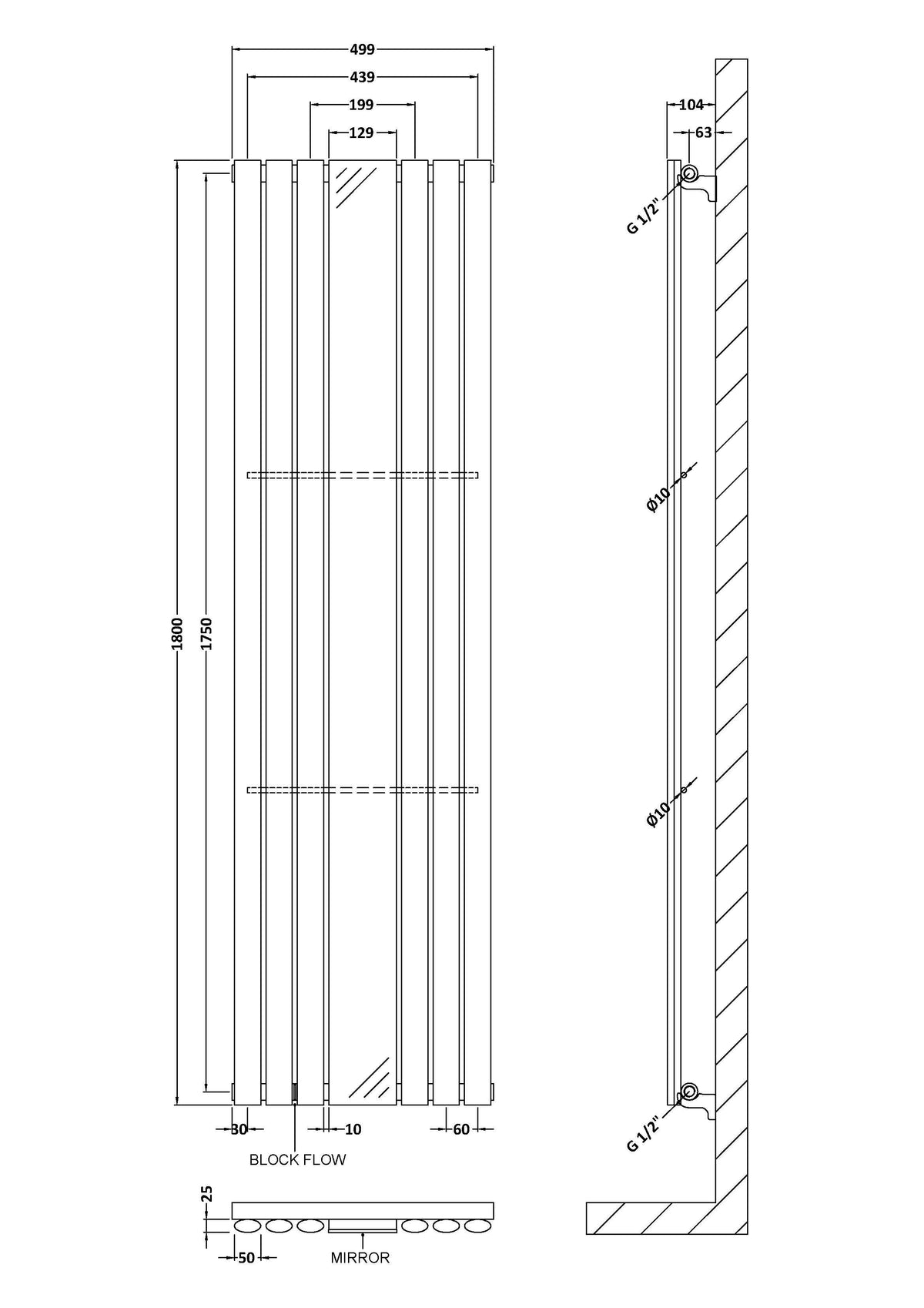 Revive Anthracite 1800mm x 499mm Vertical Single Panel Radiator