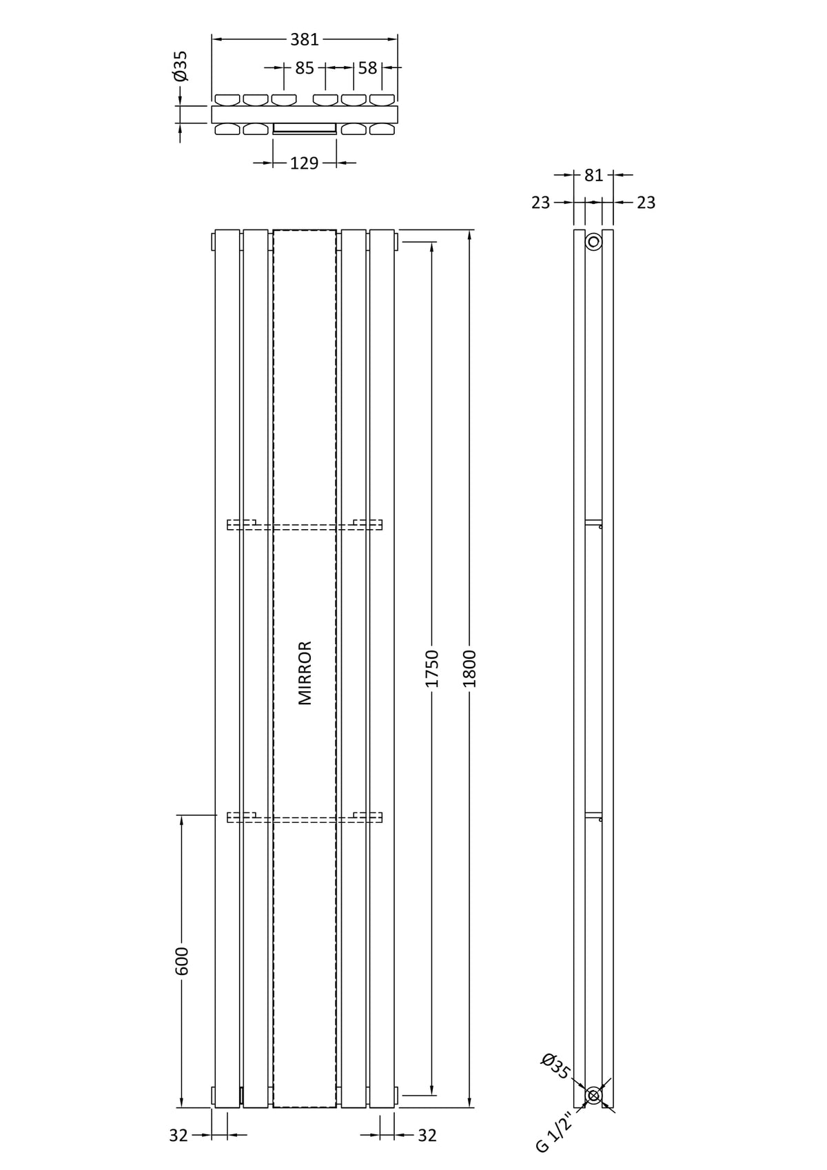 Sloane Anthracite 1800mm x 381mm  Vertical Double Panel Radiator