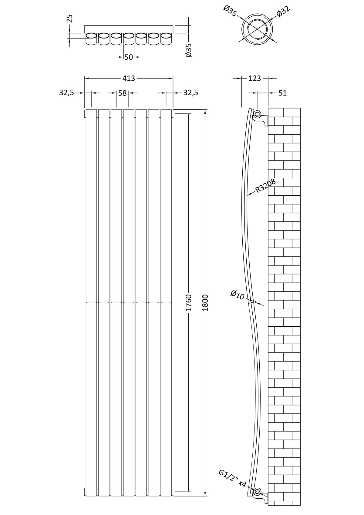 Revive High Gloss White 1800mm x 413mm Vertical Single Panel Radiator