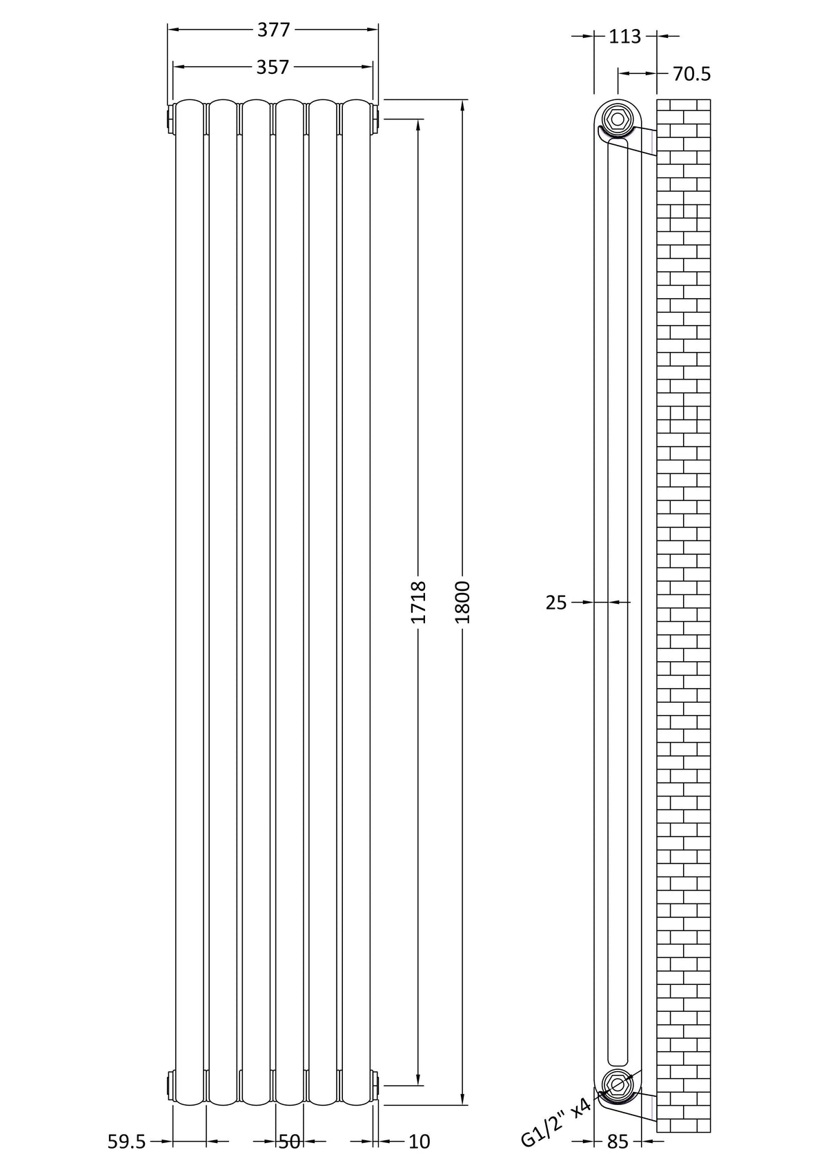 Modern Splash White 1800mm x 377mm Vertical Double Panel Radiator