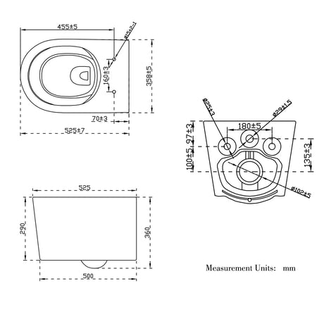 Modern Splash Rimless Wall Hung Toilet HY-335 - Technical Dimensions