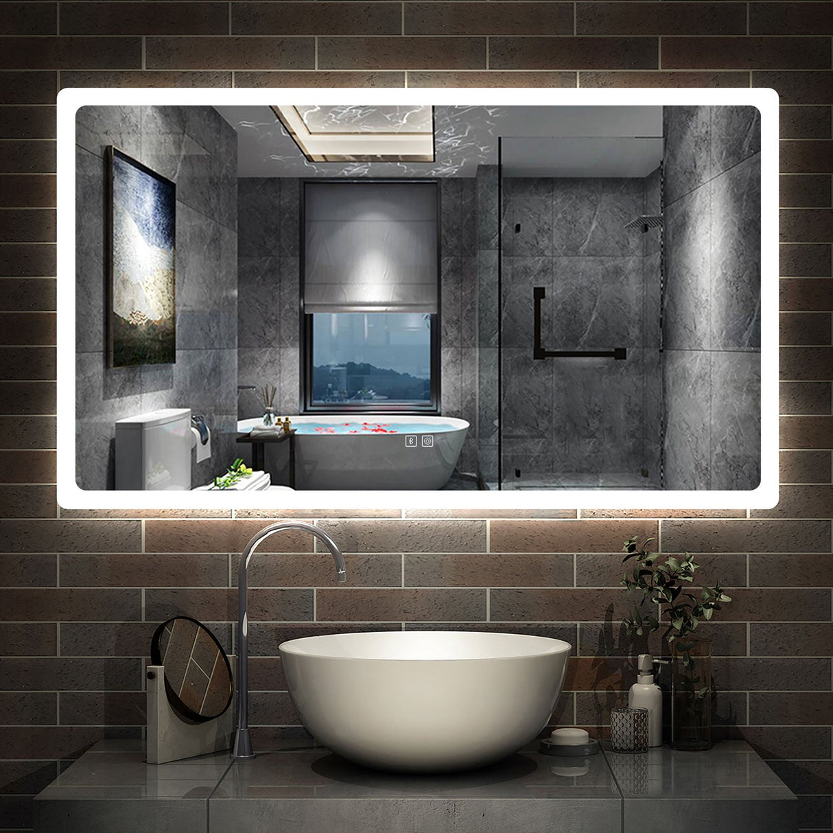 LED Bathroom Mirror with Demister Pad and Bluetooth Speaker 3 Colors Dimming Function| Modern Splash