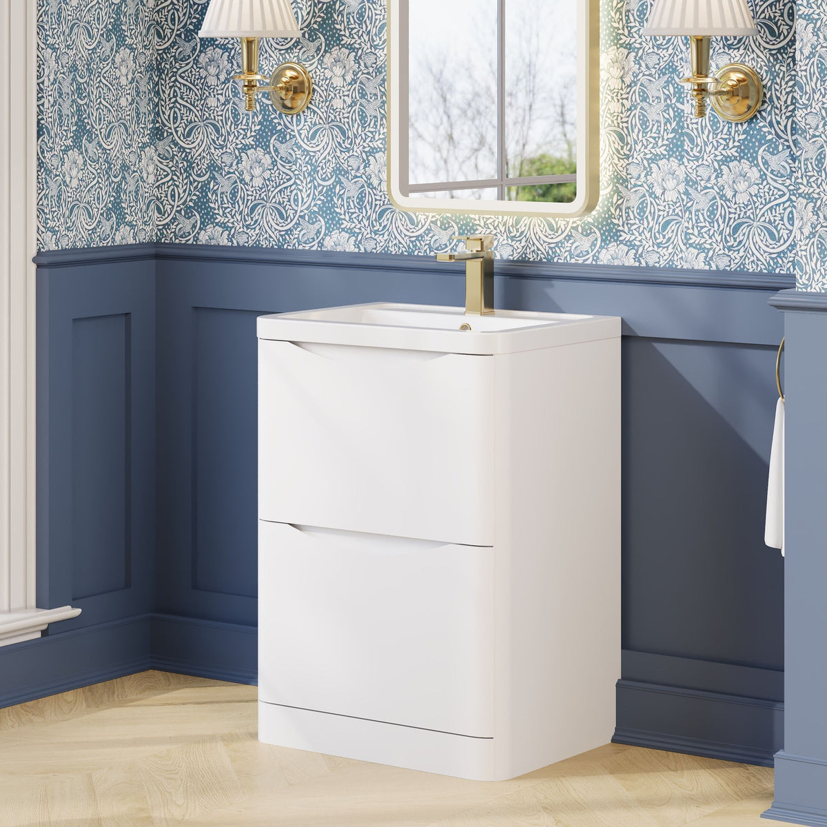 Modern Splash 600mm Satin White 2 Drawer Floor Standing Vanity Unit With Basin