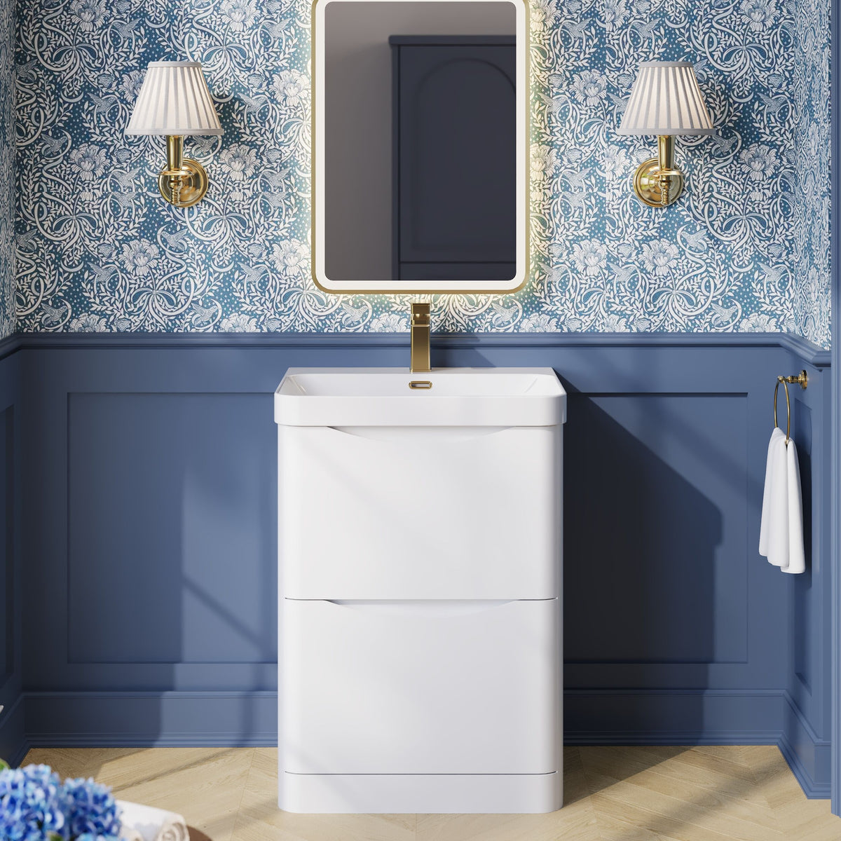 Modern Splash 600mm Satin White 2 Drawer Floor Standing Vanity Unit With Thin Edge Basin