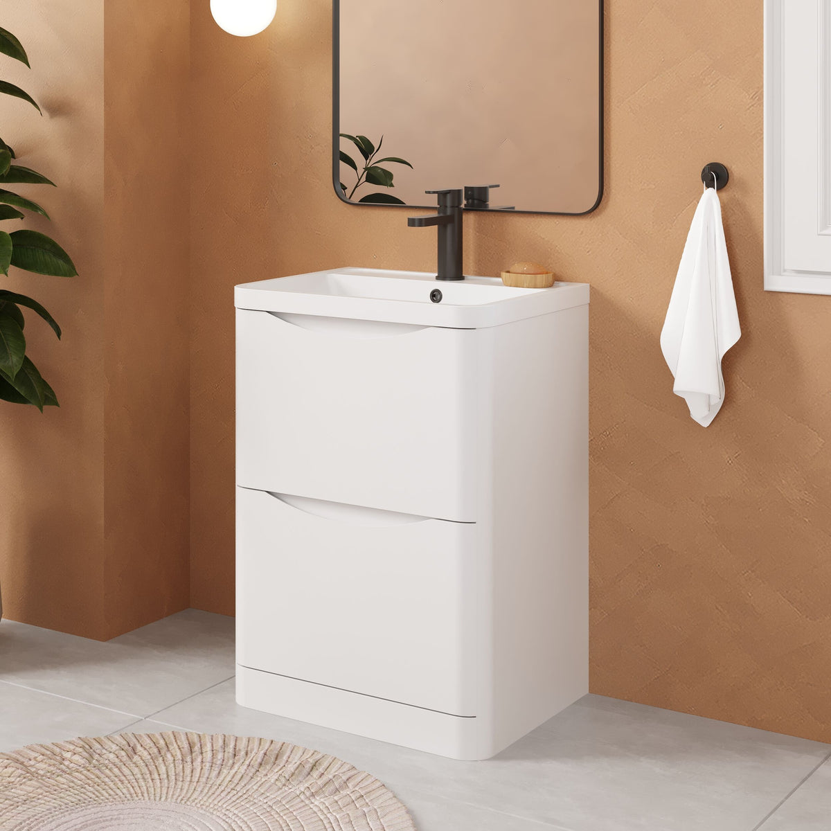 Modern Splash 600mm Satin White 2 Drawer Floor Standing Vanity Unit With Polymarble Basin