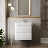 Modern Splash 600mm Satin White 2 Drawer Wall Hung Vanity Unit With Thin Edge Basin