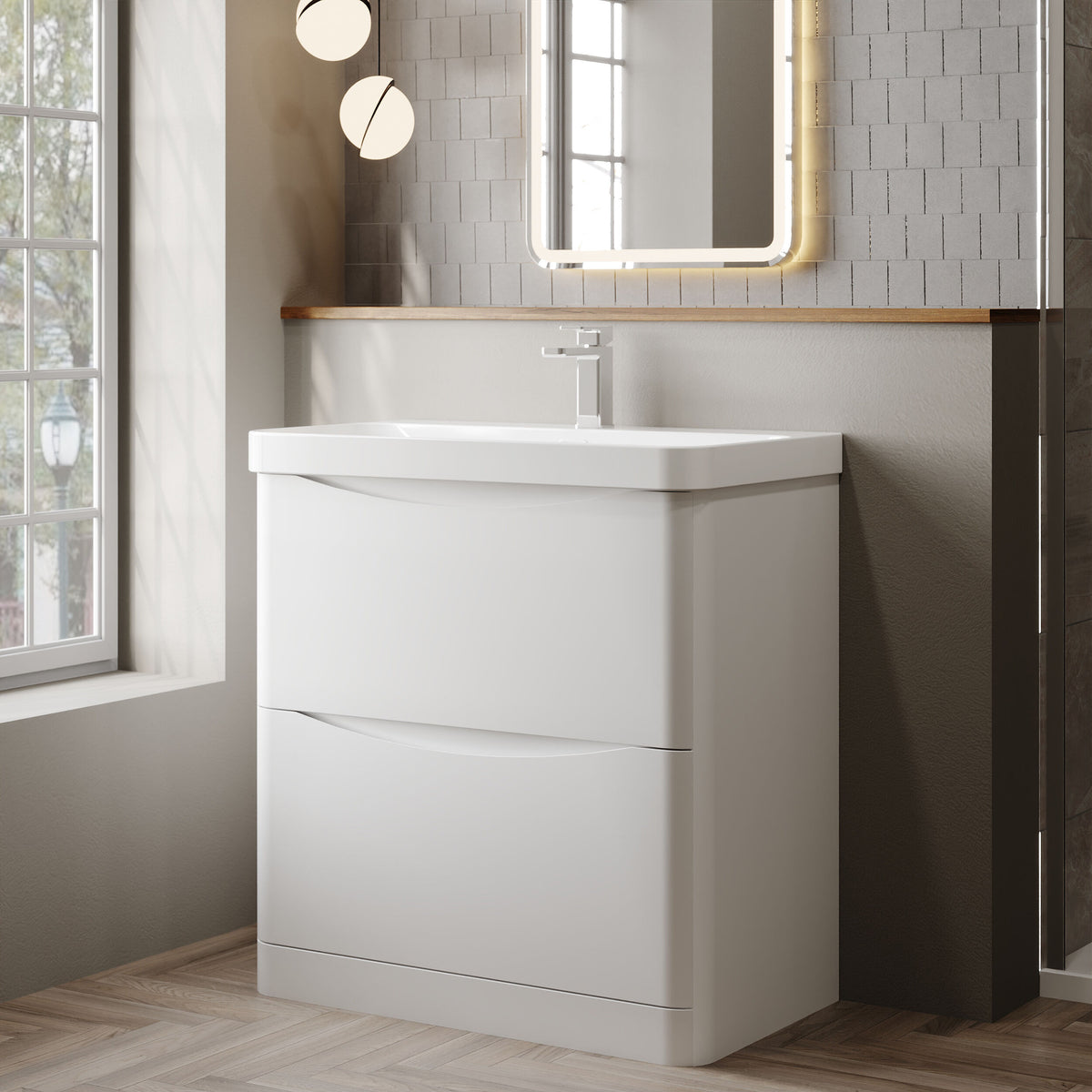 Modern Splash 800mm Satin White 2 Drawer Floor Standing Vanity Unit With Thin Edge Basin