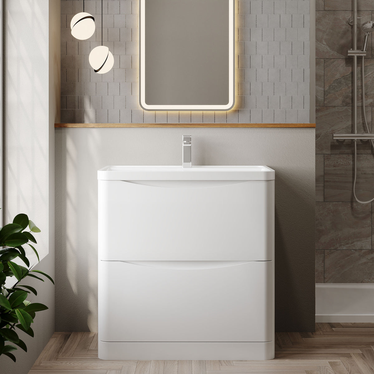 Modern Splash 800mm Satin White 2 Drawer Floor Standing Vanity Unit With Polymarble Basin
