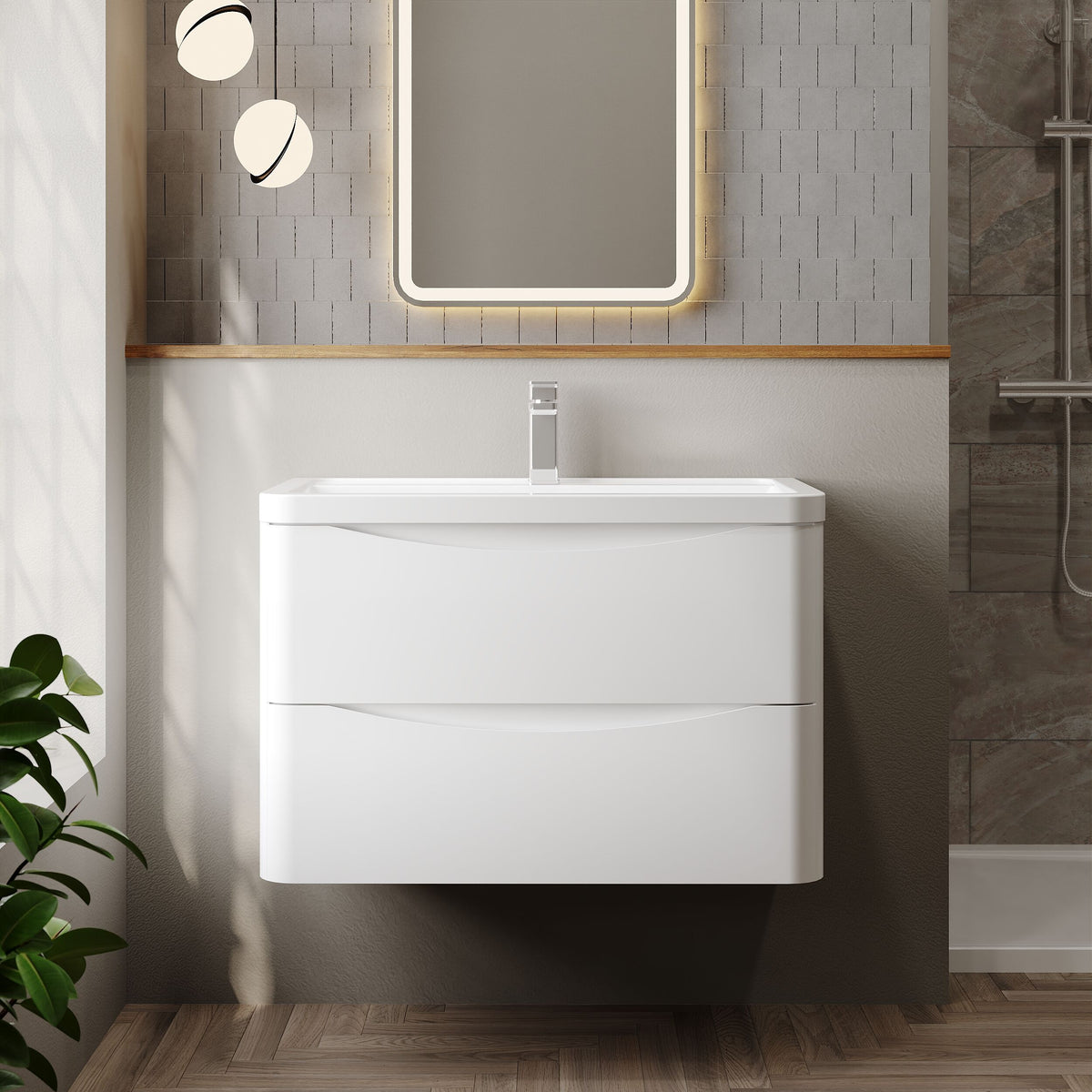 Modern Splash 800mm Satin White 2 Drawer Wall Hung Vanity Unit With Basin