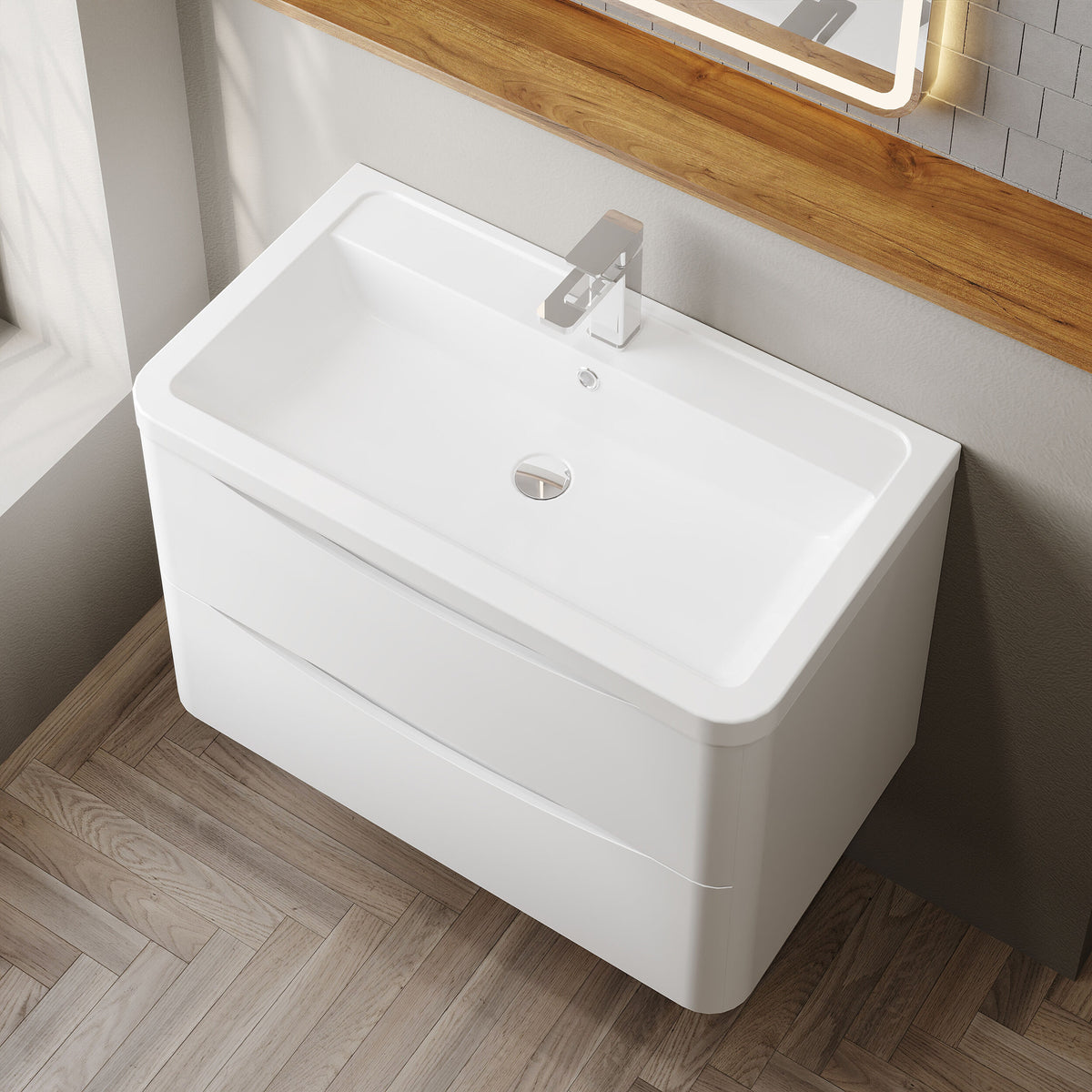 Modern Splash 800mm Satin White 2 Drawer Wall Hung Vanity Unit With Basin