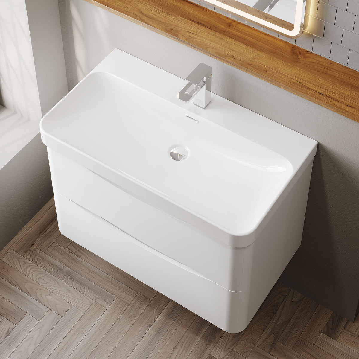 Modern Splash 800mm Satin White 2 Drawer Wall Hung Vanity Unit With Thin Edge Basin