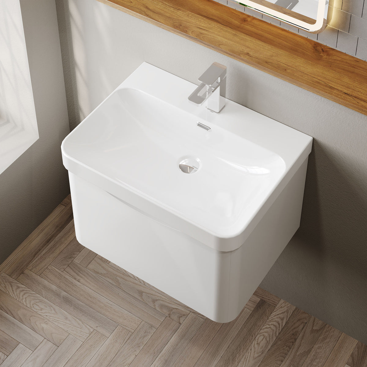 Modern Splash 600mm Satin White 1 Drawer Wall Hung Vanity Unit With Thin Edge Basin