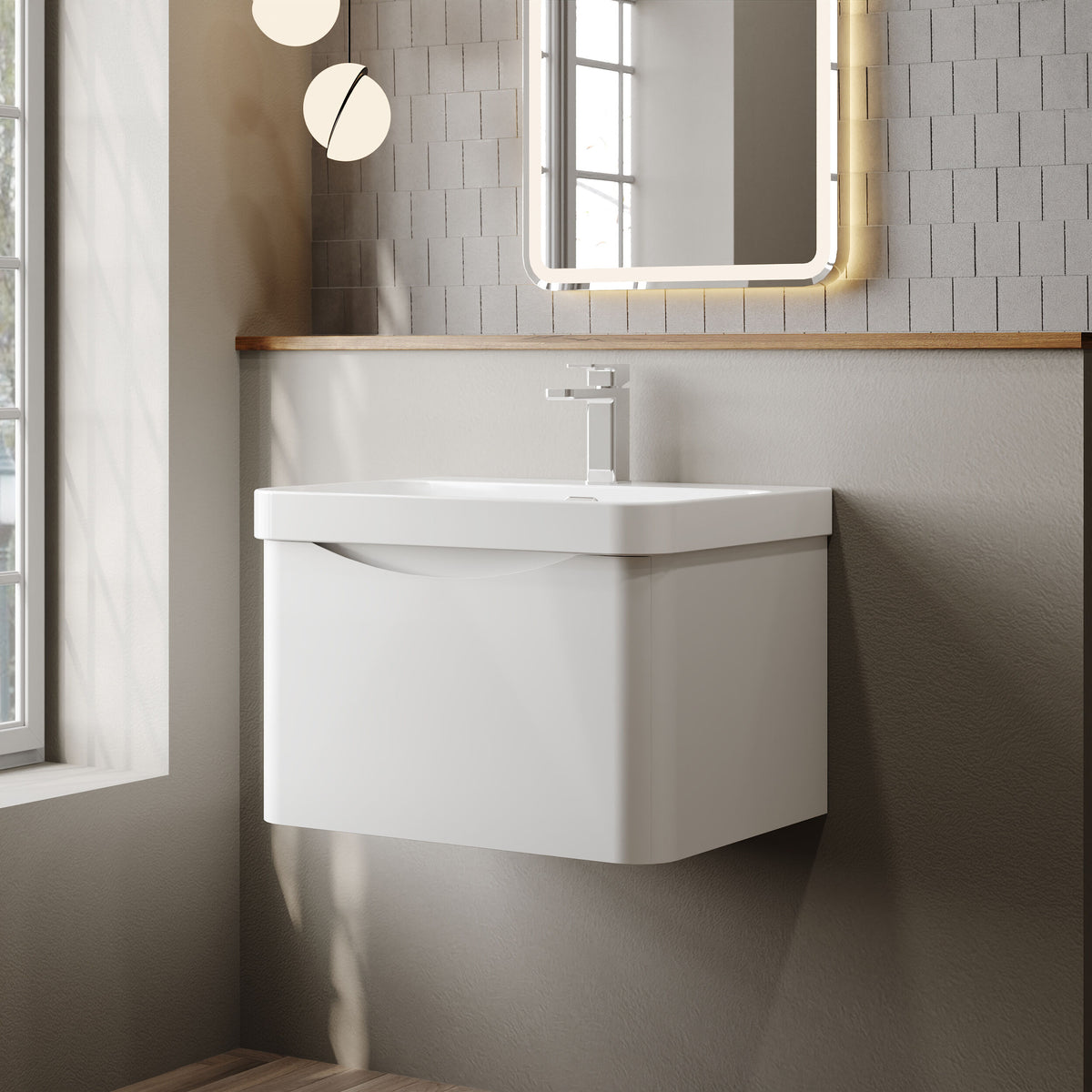 Modern Splash 600mm Satin White 1 Drawer Wall Hung Vanity Unit With Thin Edge Basin