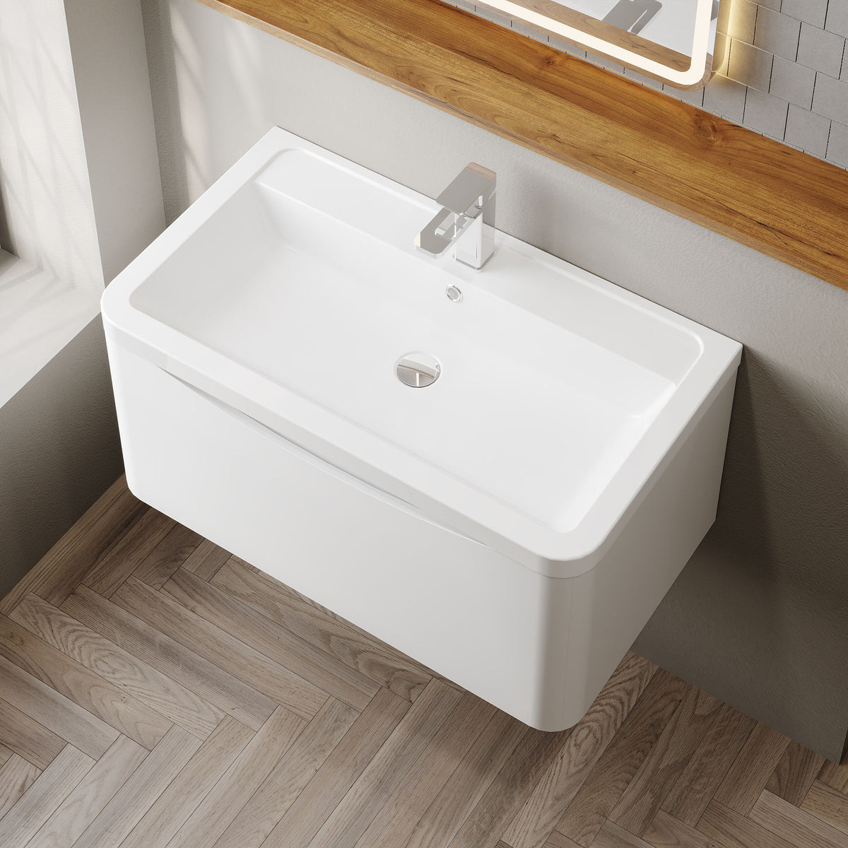 Modern Splash 800mm Satin White 1 Drawer Wall Hung Vanity Unit With Basin