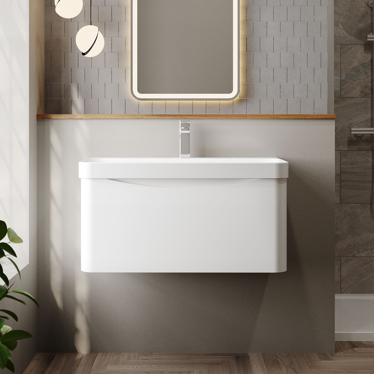 Modern Splash 800mm Satin White 1 Drawer Wall Hung Vanity Unit With Thin Edge Basin
