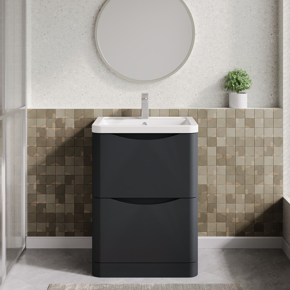Modern Splash 600mm Soft Black 2 Drawer Floor Standing Vanity Unit With Basin