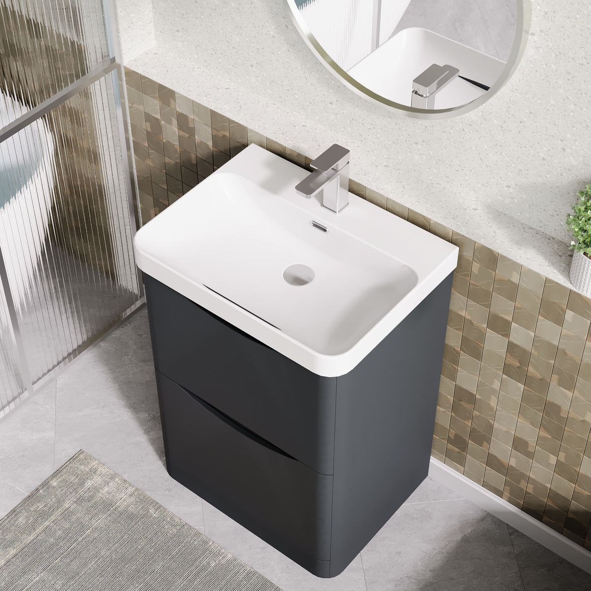 Modern Splash 600mm Soft Black 2 Drawer Floor Standing Vanity Unit With Thin Edge Basin