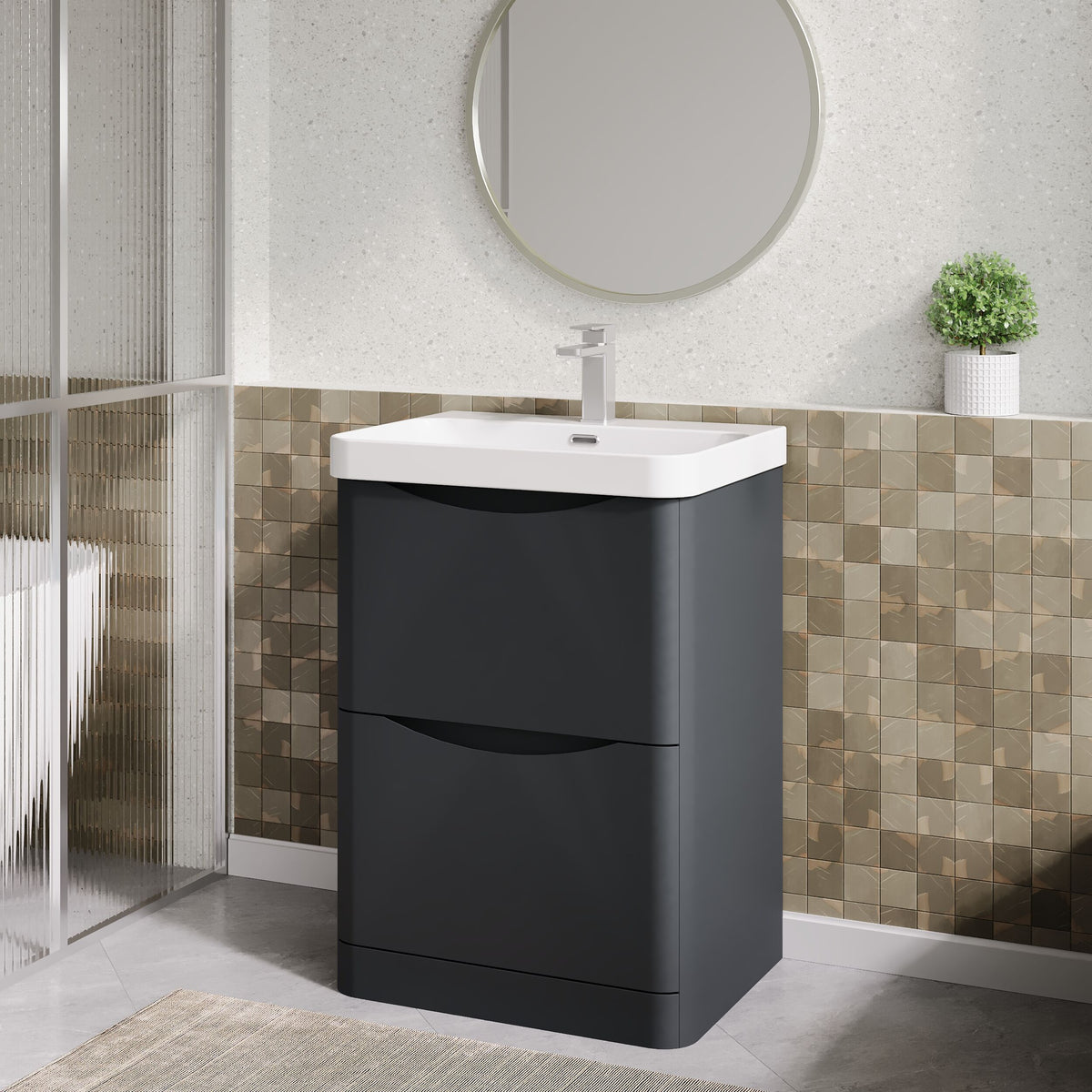 Modern Splash 600mm Soft Black 2 Drawer Floor Standing Vanity Unit With Thin Edge Basin
