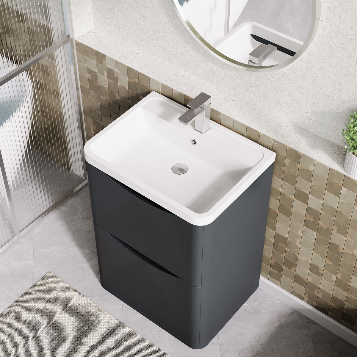 Modern Splash 600mm Soft Black 2 Drawer Floor Standing Vanity Unit With Polymarble Basin