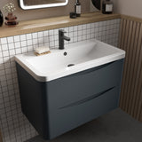 Modern Splash 600mm Soft Black 2 Drawer Wall Hung Vanity Unit With Polymarble Basin
