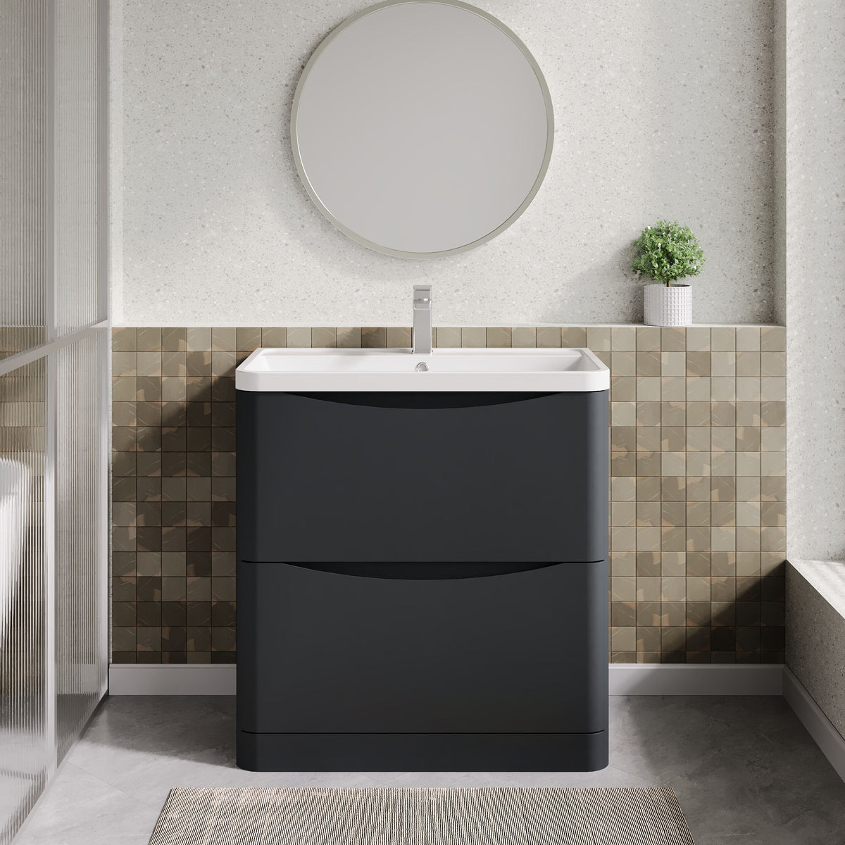 Modern Splash 800mm Soft Black 2 Drawer Floor Standing Vanity Unit With Polymarble Basin