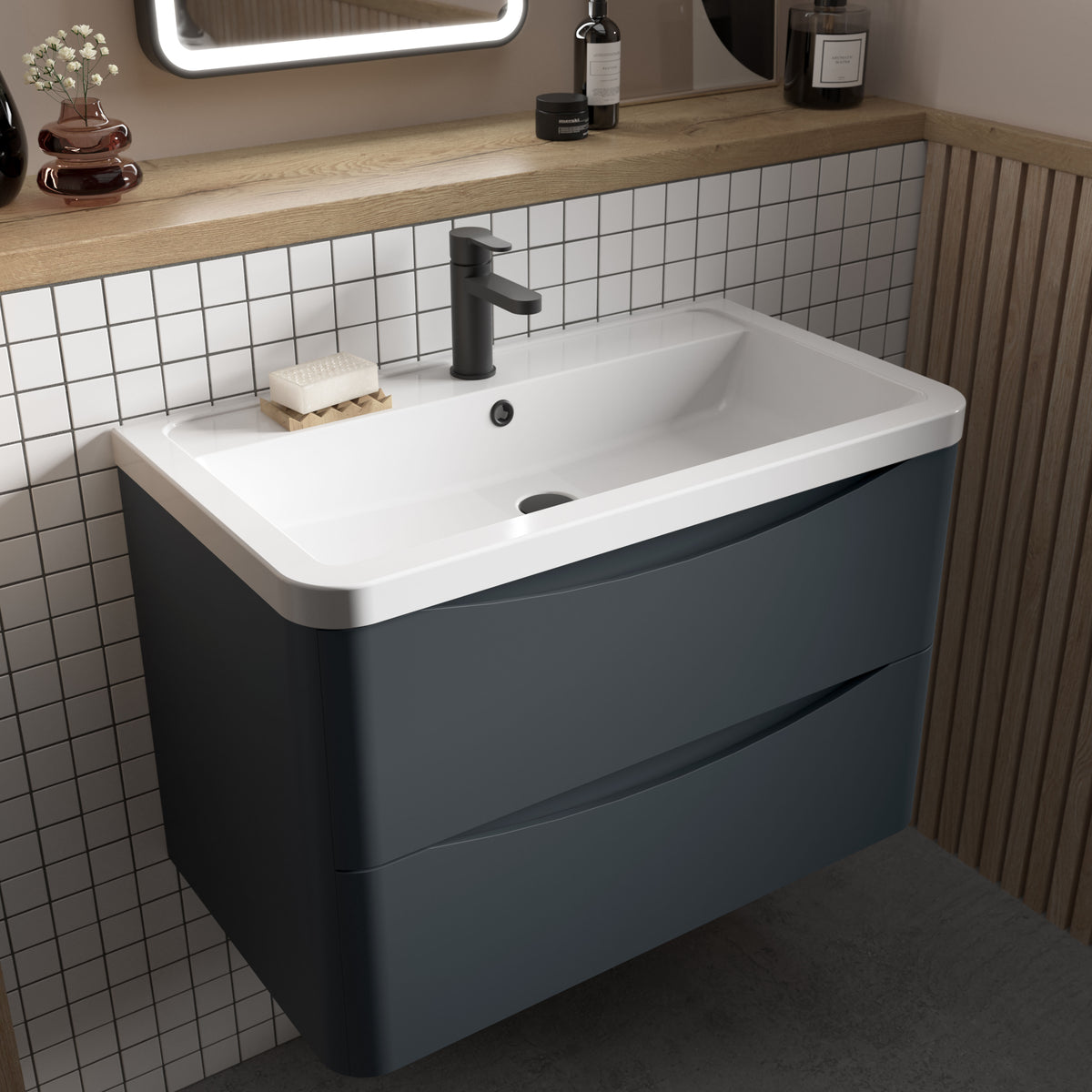 Modern Splash 800mm Soft Black 2 Drawer Wall Hung Vanity Unit With Basin