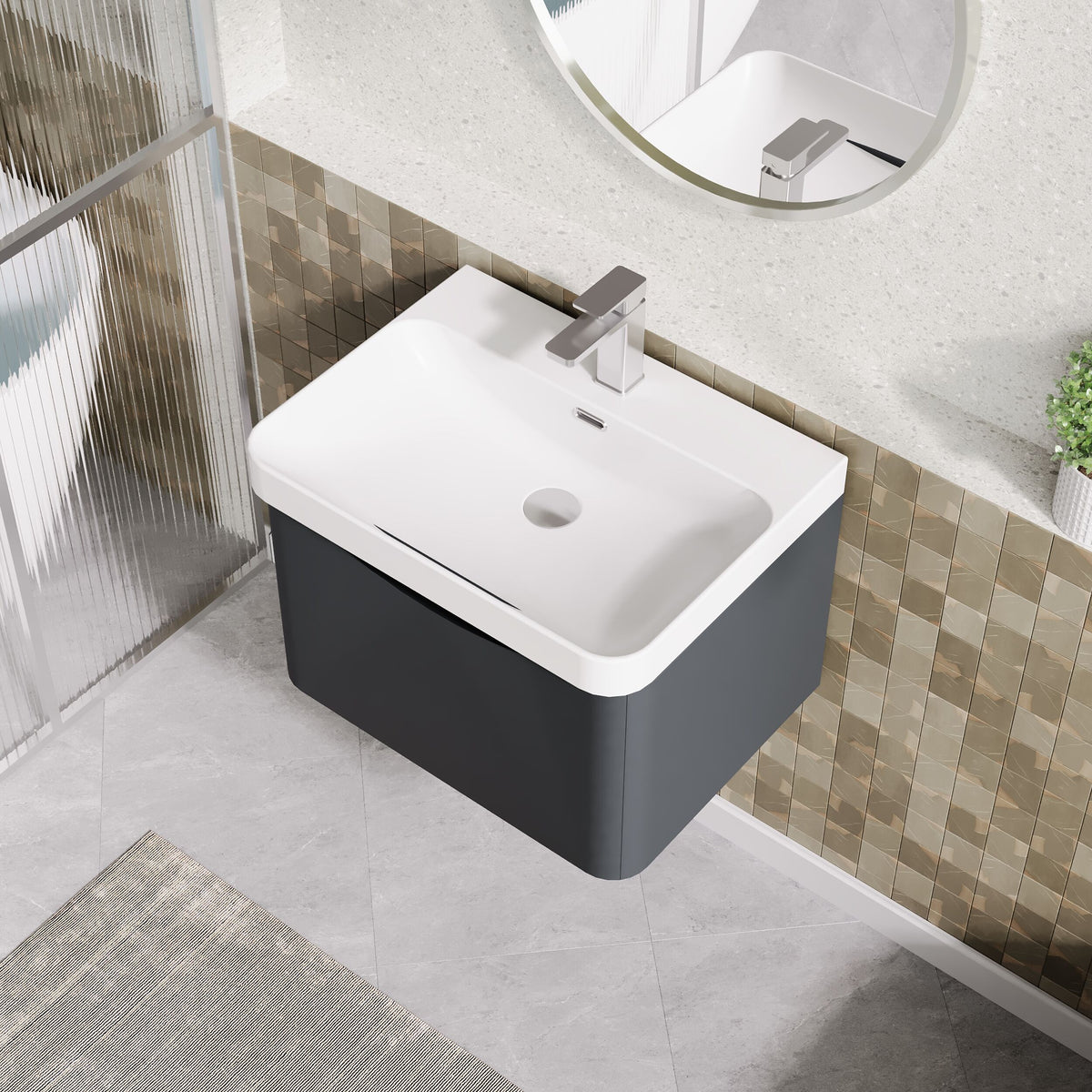Modern Splash 600mm Soft Black 1 Drawer Wall Hung Vanity Unit With Thin Edge Basin