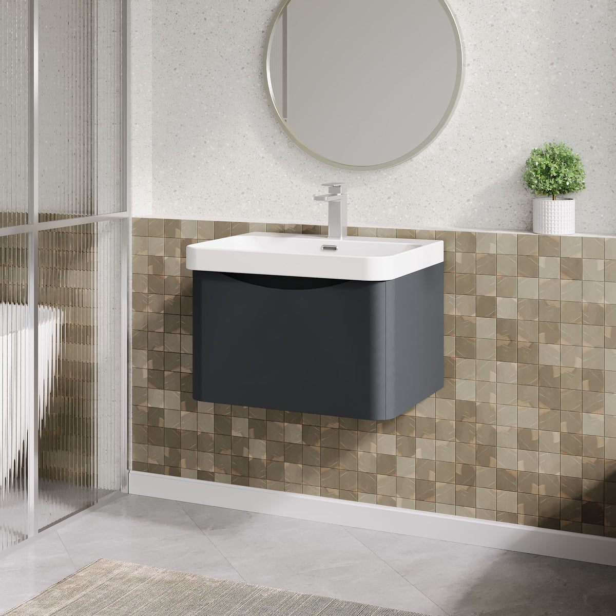Modern Splash 600mm Soft Black 1 Drawer Wall Hung Vanity Unit With Thin Edge Basin
